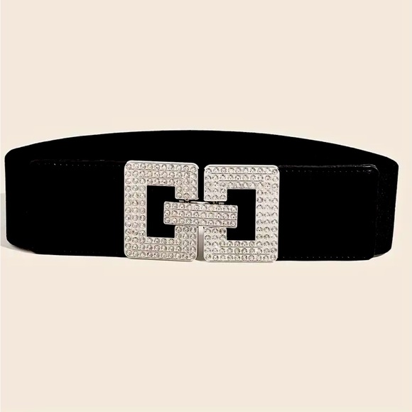 RHINESTONE GEOMETRIC BUCKLE WIDE BELT CLASSIC BLACK COLOR ELASTIC SIZE LARGE - Picture 2 of 6